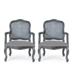 Set Of 2 Andrea French Country Wood And Cane Upholstered Dining Armchairs - Christopher Knight Home -Christopher Knight Home GUEST bdad5f66 0f30 4502 950c c9a2e420e6d9
